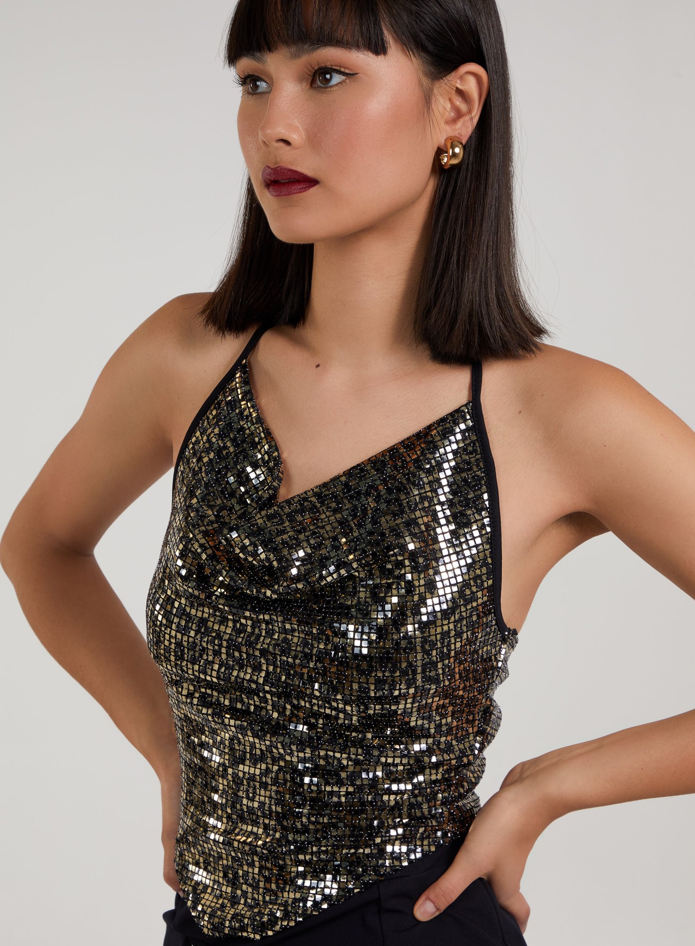 Animal Print Sequin Cowl Neck Top view 3