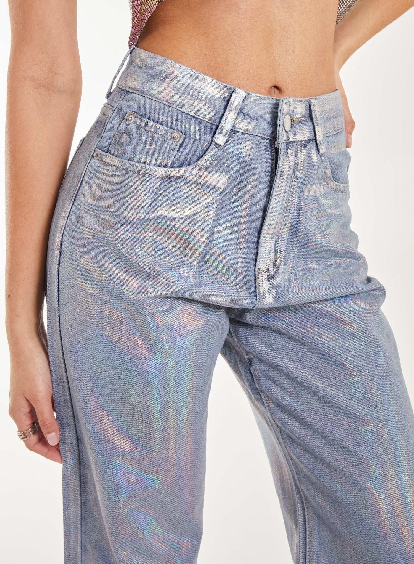 Metallic Silver Foil Coated Jeans view 4